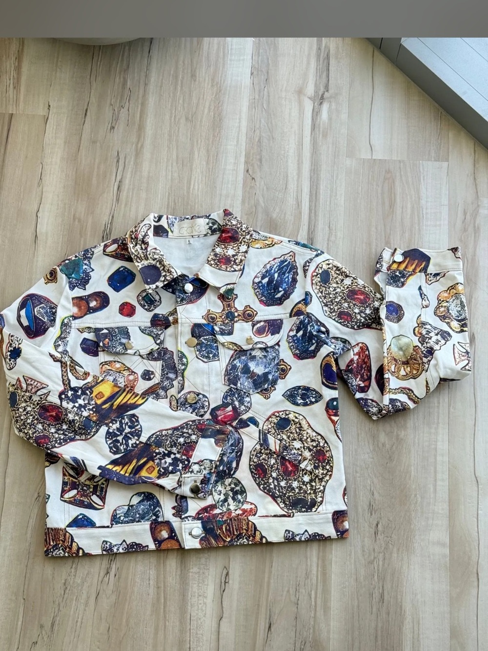 Cache Cream Denim Jacket with Multicolor Gem Print